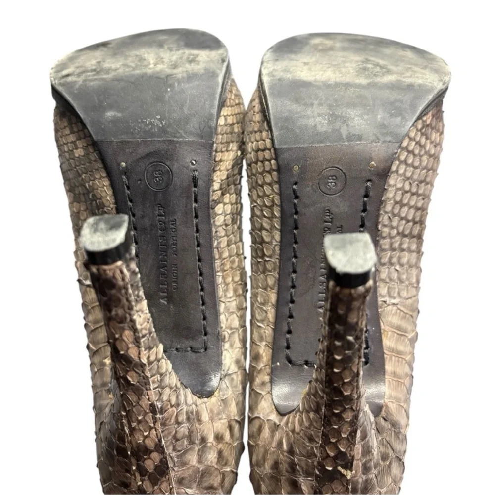 All Saints Taupe Gray Faux Snakeskin Platform Stiletto heels